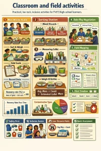 Vertical infographic poster titled 'Classroom and field activities' laid out in clear panels: top header with title and short subtitle 'Practical, low‑tech, inclusive activities for TVET/high‑school learners'; left column illustrates Activity 1 mini waste audit with students in a school canteen collecting labeled bags, trays of sorted waste, a kitchen/field scale, clipboard showing a printable data sheet and a boxed calculation Recovery rate (%) = (mass of glass ÷ total waste) × 100; center column shows Activities 2 and 3 with a mixed tray of bottles, jars, lamps and ceramics being sorted into labelled piles 'Accepted', 'Special handling', 'Not recyclable', plus gloves, goggles, cardboard trays, a measuring jug, a sample weighing of 10 bottles and a small table showing average mass × count = estimated cullet mass; right column presents Activities 4 and 5 with a role‑play negotiation scene (teams labeled Household, Informal picker, Recycler, Municipal official) around a table and a field mapping panel with a simple neighborhood map, pins for schools/markets/drop‑off points, routes, a one‑page pilot flyer, a monitoring sheet with sample entries and a compact 2–4 week pilot timeline; bottom strip of tips and icons for safety (gloves, goggles, first‑aid, puncture‑proof box), inclusivity (wheelchair ramp, diverse characters, translator icon, informal worker paid stipend), low‑resource hacks (no‑scale icon with 'average mass × count') and a quick assessment checklist; small charts include a bar chart showing recovery rate over time and a pie chart for contamination types, numbered step‑by‑step callouts, clear labels and short captions, diverse students and local informal collectors, warm accessible color palette, flat vector style, clean sans‑serif typography, high detail, crisp icons and ample white space so it reads clearly as an article infographic.