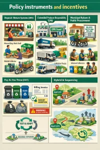 Infographic‑style high‑detail vector layout for an article on boosting glass recycling in low‑resource/Global South contexts. Top title banner and clean typographic labels frame five labeled isometric panels: 1) Deposit‑Return Systems (DRS) — shop customer paying a small deposit, manual buy‑back stall, mobile collector on a bicycle/cart and reverse‑vending icon; 2) Extended Producer Responsibility (EPR) — factories funding a Producer Responsibility Organisation office, contracted collection trucks and informal collectors receiving payment; 3) Municipal Bylaws & Public Procurement — town hall officer posting a bylaw, municipal separated‑glass truck and construction crew using cullet in road/tiles; 4) Pay‑As‑You‑Throw (PAYT) — households with labeled bins/bag‑tags, a billing invoice with exemption/subsidy icon and a warning about illegal dumping; 5) Hybrid & Sequencing — simple timeline/map showing a pilot city, scale‑up arrows and feedback loops. Clean iconography, friendly color palette and callouts highlight costs, equity and implementation tips for low‑resource settings.