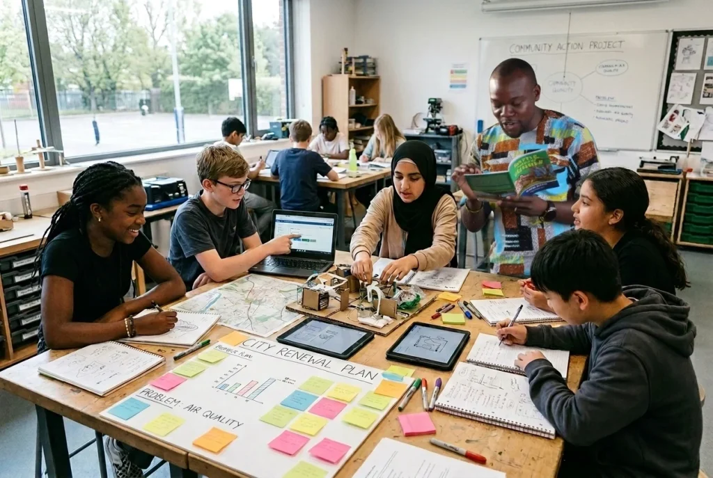 A diverse group of lower secondary students work together around a large table on a real-world project, while their teacher guides the process with a supportive, facilitative presence. The modern classroom is filled with notebooks, sticky notes, tablets, maps, charts, and prototyping materials, capturing an inclusive, hands-on learning environment in warm natural light and candid documentary style.