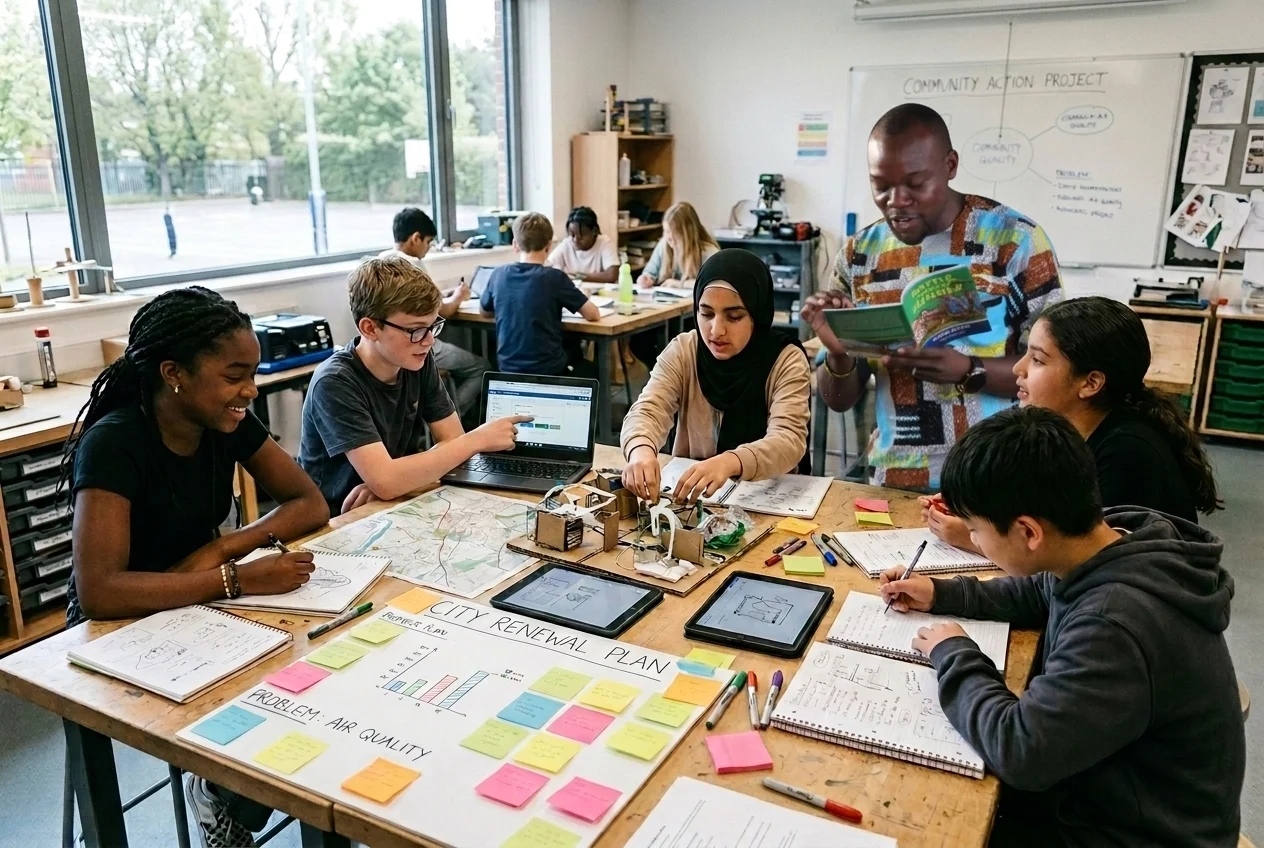 A diverse group of lower secondary students work together around a large table on a real-world project, while their teacher guides the process with a supportive, facilitative presence. The modern classroom is filled with notebooks, sticky notes, tablets, maps, charts, and prototyping materials, capturing an inclusive, hands-on learning environment in warm natural light and candid documentary style.