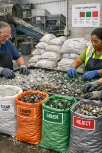 Documentary-style, high-resolution close-up of a small glass recycling sorting station: gloved hands and diverse workers at a waist-high hand-sorting table under uniform LED daylight, manually separating crushed glass into clearly labeled, color-coded bins for clear (flint), amber (brown), green and a reject bin; accurate glass textures and shallow depth of field emphasize the bins and pickers while the background shows a conveyor/trommel, magnetic separator, neatly stacked labeled sacks and a wall poster with a simple color chart and sorting instructions in a clean, organized workspace.