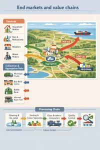 Landscape infographic in a muted pastel palette showing a simplified top‑down regional map with a town cluster and colored flow arrows (green=local, orange=regional, red=export). Arrow thickness and km distance markers communicate economic viability and transport distance; a left column stacks source pictograms (household bottles, bars, restaurants, retailers, informal waste‑pickers) and, beneath them, collection & aggregation hubs (municipal trucks, buy‑back centre, bottle bank, informal buyer yard, deposit‑return kiosk) feeding a central aggregation icon. A center ribbon diagrams the processing chain with clear boxes and icons for Cleaning & de‑label, Sorting & colour separation, Glass breakers/compactors and Quality control (labels like “low contamination”, “colour‑sorted”), plus a simple legend and sans‑serif labels for clarity.