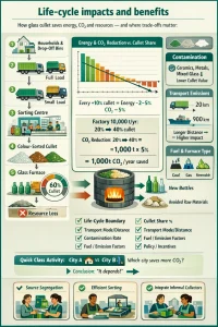 Vertical A2 educational infographic titled 'Life‑cycle impacts and benefits' designed for classroom/TVET use. Left column: illustrated, numbered life‑cycle flow (households/drop‑off bins → collection trucks showing backhauling/full vs small loads → sorting centre with manual and optical sorters and conveyors → colour‑sorted cullet piles → remelt furnace with circular gauge showing % cullet) with arrows to new bottles and avoided primary raw materials; a small landfill panel shows inert glass occupying space with a red X to resource loss (no methane). Center panel: paired bar/line charts of energy and CO2 reduction vs cullet share annotated with the note every +10 pp cullet ≈ energy −2–53% and CO2 −5% range, plus a boxed classroom example: Factory 10,000 t/yr: 20% → 40% cullet = ~1,000 tCO2/yr saved with simple math steps. Right column: trade‑offs and sensitivities with icons and callouts for contamination (ceramic, metal, mixed colours), transport emissions with truck vs ship silhouettes and distance labels (20 km vs 900 km) showing when transport erodes benefits, electricity/fuel mix (coal vs gas vs clean grid) and furnace type comparison (old vs modern efficient). Bottom area: teacher checklist tiles (life‑cycle boundary, cullet share %, transport mode/distance, contamination rate, fuel/emission factors, policy/incentives), a 5–15 minute City A vs City B class activity box with quick conclusion arrow, and a 'Good practice' strip with three illustrated tips: source segregation, efficient sorting, integrate informal collectors. Visual style: clean flat/vector icons, friendly non‑technical tone, numbered callouts, light dotted connector lines, crisp legible typography, color palette of green/teal/orange with neutral greys, small data labels and percent markers, high detail and print‑quality resolution for a scannable, teaching‑ready poster.