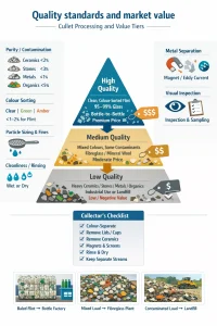 A clean A3 infographic-style poster that maps cullet (waste glass) quality to market value. A central vertical pyramid/flowchart shows three tiers: High quality (clean, colour-sorted flint, 95-99% glass, bottle-to-bottle, premium price), Medium quality (mixed colours, some contaminants, fibreglass/mineral wool use, moderate price), and Low quality (heavy ceramics/stones/metals/organics, industrial use or landfill, low or negative value) with arrows and price-tag scales to indicate value differences. Surrounding flat icons and short labeled callouts detail key specs — purity/contamination (ceramics, stones, metals, organics with percent labels), colour sorting (clear/green/amber with tolerance note