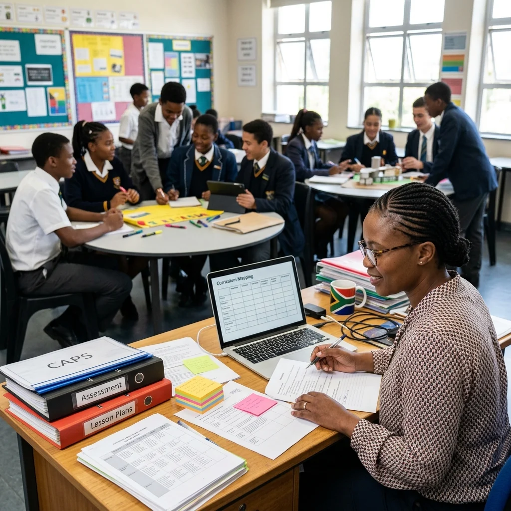 A photorealistic classroom scene showing a South African teacher organizing project-based learning materials beside a neatly arranged desk, while students collaborate in the background under soft natural daylight, creating a professional and energetic educational atmosphere.