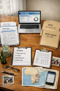 Photorealistic editorial workspace: a warm wooden desk lit by soft window light with an open laptop showing a country datasheet labeled What a Waste; neatly arranged printed briefs and factsheets titled Waste Atlas - Country Profile and FEVE Glass Recycling Factsheet; a government folder stamped DFFE - National Waste Strategy and a NEMA Uganda - Waste Brief; a one-page checklist listing generation t/yr, % glass, recycling rate and cullet share; a clipboard with a short brief, a small glass jar of cullet and single glass bottle, a folded map of Africa with South Africa and Uganda circled, a smartphone displaying a trade-data table, a small printed photo of informal waste collectors tucked to the side, pen and reading glasses. Shallow depth of field, high detail, neutral professional palette and a clean informative composition conveying credible, practical data sources for glass recycling in the Global South.