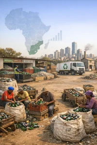 A wide-angle photorealistic editorial frame that contrasts grassroots recycling and urban industry: foreground left — respectful, candid portraits of informal waste pickers (African men and women of mixed ages) sorting colorful glass bottles into sacks and wooden handcarts on a dusty street; midground center — a small buy-back centre with labeled crates of sorted cullet and a worker weighing bottles; background right — a modern South African city skyline with a recycling truck and a compact remelter. Soft natural daylight and warm documentary tones bring out textures and color, while a semi-transparent silhouette map of Africa (South Africa highlighted) with faint bar-chart icons indicates low-to-high recovery rates. Ample negative space at the top provides room for a headline.