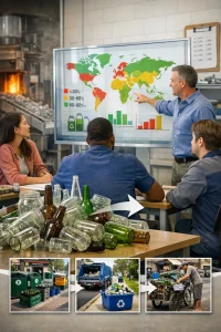 Photorealistic editorial image of a bright classroom/TVET workshop where a diverse small group of students and a teacher gather around a large transparent digital display showing a world map color‑coded for container glass recycling rates (red = low
