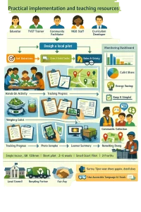 Infographic-style poster showing a step-by-step pilot workflow for teaching and implementing glass cullet reuse. Top-left audience row with icons for educator, TVET trainer, community facilitator, NGO staff and curriculum developer; central “Design a local pilot” flowchart (bullseye objective → match activities with classroom and field symbols → roles & safety with gloves, eye protection, covered footwear and checklist) linked by arrows to illustrated scenes: classroom hands-on activity with teacher and diverse students sorting glass, kitchen scale weighing cullet, notebooks and clipboard monitoring sheets, smartphone photographing samples and a printable 1-page learner summary mockup; adjacent field scene with community map and pins for collection points, informal collector with pushcart, remelting demonstration shown as a video/screen, role-play group and accessible communication icons (translation, pictograms); right panel with a simple monitoring dashboard (bar chart for collection volume, pie chart for cullet share), a small energy-saving estimate icon and a short monitoring sheet labeled keep it simple; bottom timeline strip reading Single lesson: 60–120 min | Short pilot: 2–6 weeks | Small-scale pilot: 1–3 months; partnership icons (council building, recycler truck, handshake for fair compensation), safety tips callout and accessible language & visuals note. Clean flat vector design, balanced composition, friendly green/blue palette, legible sans-serif labels and short annotations in a modern infographic aesthetic.