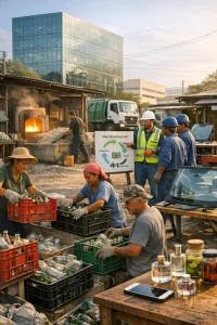 Photorealistic documentary scene in a Global South city showing informal waste collectors—men and women in work clothes and gloves—sorting and carrying crates of bottles and jars at a small collection point in the foreground. Midground features a community sorting hub and a small remelt facility with workers loading cullet into a glowing furnace while a TVET instructor in safety gear guides trainees with a simple chart; background shows a modern glass‑façade building, a recycling truck, an auto‑glass service bench with a windshield and a tabletop with a smartphone and glass containers to represent specialty and packaging markets. Warm natural sunlight, realistic glass reflections and textures, shallow depth of field and high editorial detail convey collaboration, skill and an urban circular economy.