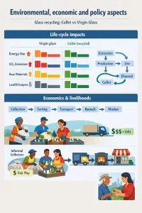 Clean, modern vertical infographic in a flat vector style with a bold title and one-line subtitle summarizing glass recycling. Main body is divided into three horizontal panels: 1) Life-cycle impacts — a clear side-by-side column chart comparing "Virgin glass" vs "Cullet (recycled)" for energy use, greenhouse‑gas emissions, sand/soda extraction and landfill footprint, using color-coded bars and up/down arrows, plus a simplified life-cycle flowchart (extraction → production → use → disposal/remelt) showing cullet looping back to production. 2) Economics & livelihoods — a value-chain flow diagram (collection → sorting → transport → remelt → market) with icons for jobs, small businesses and informal collectors, currency and job-count callouts, inclusive illustrations of diverse figures (gender and Global South representation) and a small inset depicting informal workers receiving fair pay. 3) Policy & practical actions — a concise checklist and roadmap of policy levers (incentives, standards, procurement targets, local programs) represented with simple icons to guide non-technical readers.