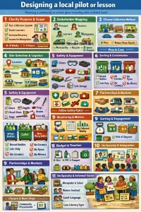 Portrait A4 infographic poster guiding an 11-step checklist to design a glass recycling pilot or lesson in Global South settings. Top header and one-line intro lead into vertically numbered panels with icons and micro-scenes covering: clarify purpose and scope with timeframes and sample learning outcomes; stakeholder mapping with role tags; illustrated collection methods with pros and cons; site selection and logistics; safety and PPE with simple rules; sorting and contamination guides; partnerships and market links; training and engagement activities; monitoring with sample data sheets, charts and formulas; budget and 8-week timeline; and inclusivity notes integrating informal wastepickers and low-literacy signage. Footer shows community presentation and a one-page learner summary, all rendered with clear pictograms, small maps, vignettes and practical visuals for easy local use.