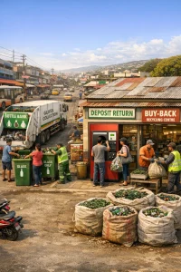 Photorealistic wide panoramic header showing five integrated glass‑collection zones in a Global South city: a busy bottle‑bank at a transport hub with color‑separated glass banks and clear icons; curbside municipal collection with crew and labelled bins being emptied into a truck; a deposit‑return station with a reverse‑vending machine outside a supermarket where a shopper exchanges a bottle; a small buy‑back/aggregation centre with an attendant weighing sorted cullet under tarpaulins and a visible "Buy‑Back" sign; and informal reclaimers in PPE and reflective vests safely sorting glass and handing sacks to a middleman. Warm daylight, slightly elevated wide‑angle view, high detail and realistic textures (glass, concrete, corrugated metal), legible signage and diverse adult representation conveying cooperative, safe interactions.