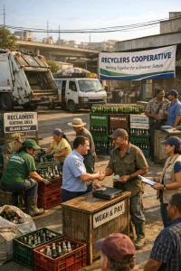 A photorealistic documentary scene of a bustling urban transfer station where formal and informal waste sectors work side by side. Municipal truck and private recycling van sit parked as a diverse group of reclaimers in cooperative shirts, gloves and boots sort clean glass into crates at a designated reclaimers' area beneath a cooperative banner. Tidy stacks of separated glass and labeled bins line the space while a municipal staff member hands cash across a simple scale/payment counter and shares a respectful handshake with a reclaimer; an NGO worker offers a clipboard and bystanders watch supportively. Warm daylight, candid realistic lighting and rich textures emphasize dignity, teamwork and practical cooperation in an everyday circular-economy moment.