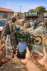 Documentary-style wide-angle scene: a diverse pair of hands holds a clear beverage bottle, a smartphone with a glass screen and a small window pane sample in the foreground; midground an informal collector loads crates of used bottles into a bicycle cart beside a marked community glass drop-off/buy-back point; background shows a house with glass windows, a car windshield and a small recycling yard where workers sort piles of crushed glass (cullet). Warm natural daylight, realistic textures and shallow depth of field highlight everyday uses and the recycling value of glass for an educational article.