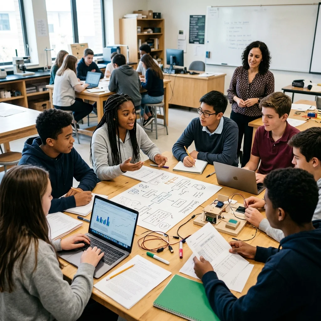 A photorealistic classroom scene captures diverse senior phase students collaborating around tables filled with research notes, laptops, posters, charts, and prototype materials, while a teacher guides inquiry in the background. The image conveys authentic teamwork, active discussion, hands-on problem solving, and a modern project-based learning atmosphere bathed in natural light.