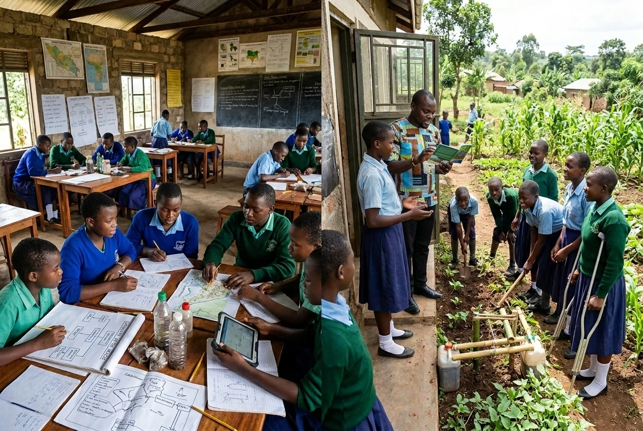 A photorealistic Ugandan lower secondary classroom comes alive with project-based learning as students collaborate on a real-world community task using notebooks, charts, simple materials, and a tablet. The teacher guides the group while a few learners extend their work outdoors toward a school garden or local setting, capturing teamwork, inquiry, creativity, inclusion, and active learning in natural daylight.