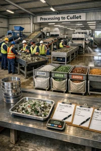 Wide-angle, photorealistic documentary view of a small glass recycling processing line in a bright industrial shed. A diverse team in PPE (cut‑resistant gloves, safety glasses, masks, boots) manually pre-sorts ceramics and lids on a conveyor while downstream stations illustrate the step-by-step workflow: a jaw crusher breaking bottles into fragments, a vibrating screen separating fines, a worker using a strong magnet to pull ferrous caps, an eddy-current separator ejecting aluminum crowns, an air blower removing paper labels, and an optical colour sorter dividing clear, green and amber glass. A washing and drying station sprays and dries cullet before final graded hoppers and neat sacks labeled CLEAR/GREEN/AMBER. Foreground QC table holds a 1‑kg sample on a tray, household sieves, scales and labelled checklists. Natural daylight, high detail and deep focus emphasize realistic textures of glass, metal and water in a clean, educational atmosphere ideal for an article.