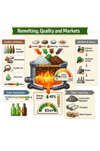 Infographic-style vector showing a central cutaway of a glass furnace fed by three cullet piles (clear, green, brown) with labeled contaminants (ceramic, stone, metal cap, food residue) and red warning markers. Inside the furnace a simplified orange/yellow melt and thermometer/gauge illustrate falling energy use as cullet share increases; two output arrows lead to a green closed-loop bottle-to-bottle path and a gray open-loop path (construction aggregate, fiberglass, other products) with small product icons. Left panel lists quality attributes (colour separation, contaminants, particle size, purity %) plus a low/mid/high price/value tier bar; right panel maps markets & actors (informal collectors, municipal sorters, buyers, glassworks) with value-chain arrows. Includes compact metric visuals — cullet-substitution slider, energy-saved percent with down-arrow, recovery-rate gauge — set in a clean, modern flat-design, legible sans-serif, high-contrast palette inspired by bottle colors, scalable for print and web in an educational, non-technical tone.