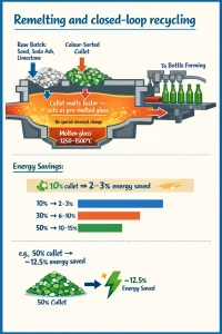 A clean A2 vertical infographic designed for TVET and high‑school learners that explains remelting and closed‑loop recycling in a friendly, casual tone. Top section: a flat‑vector, diagrammatic cross‑section of a glass furnace showing raw batch inputs (sand, soda ash, limestone) and colour‑sorted cullet feeding in, arrows into a glowing melt pool labeled “molten glass” with the temperature range shown, and arrows out to forming machines producing bottles. Clear callouts highlight “cullet melts faster — acts as pre‑melted glass” and a small note “no special chemical change.” Middle section: an energy‑savings graphic (horizontal bar/stacked icon) with a simple rule‑of‑thumb and example ticks — 10% cullet → ~2–3% energy saved, 30% → ~6–10%, 50% → ~10–15% — plus a worked example (50% cullet → ~12.5% energy saved). The overall layout is educational, colourful, and easy to scan for classroom use.