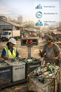 Photorealistic editorial scene showing a diverse pair of workers - a high-visibility-vested employee at a formal sorting station and an informal collector with a handcart of mixed bottles - actively sorting clear, green and brown glass into labeled bins beside an industrial scale reading "tonnes". Midground: a small recycling truck and a modest glass-processing building; background: an urban Global South skyline and bustling market under warm daylight, with realistic textures, dirt, and candid human interaction. A clean semi-transparent infographic overlay sits in the top-right with simple icons (bar chart, percentage circle, tonne symbol) in a muted blue/green palette conveying generation (t), recycling rate (%) and cullet share (%). High-resolution, shallow depth of field and editorial composition suited for an informative, credible magazine feature.