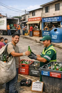 Wide‑angle photorealistic editorial scene in natural daylight showing the multiple actors and systems of glass collection: foreground a respectful portrait of a mid‑30s informal collector in neat clothing handing a clean green bottle to a municipal worker beside a kerbside recycling bin; midground a private collection truck loading sealed crates labeled clean vs contaminated, a shop storefront with a marked return point and deposit kiosk, and a public blue drop‑off container with a buy‑back counter; visible labeled crates, a small toolkit/clipboard with simple metrics, and diverse passersby watching — high‑resolution, sharp documentary detail that inclusively illustrates formal and informal recycling interactions.