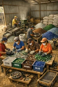 A photorealistic documentary scene of a small-scale glass recycling workshop in the Global South: a slightly elevated wide-angle view shows a diverse team of men and women in basic PPE (gloves, safety goggles, dust masks, boots) sorting mixed glass by colour on a wooden table into labeled bins (clear, green, brown, blue). Midground, a manual crusher and hand-operated sieves produce different-sized cullet piles and sacks stamped "cullet" while a worker uses a magnet to remove metal and another picks out ceramics and heat‑resistant fragments. Neat stacks of vibrantly coloured crushed glass, screened cullet in bags, simple tools (hand grinder, sieves, magnets) and a small tray conveyor sit under warm sunlight in a corrugated-metal shed; visible dust motes, realistic glass textures, hands and equipment convey high-detail, documentary realism and the quiet industry of community recycling.