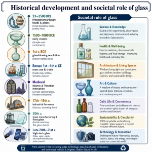 Vertical infographic in clean flat vector style (A4/1200×1800px) tracing the historical development and societal role of glass. Left column presents a concise chronological timeline with dated labeled icons and short captions—from 33–2500 BCE Mesopotamian/Egyptian beads and glazes, through early vessels and the 1st‑century BCE glassblowing revolution, Roman trade and window use, Medieval Islamic and Venetian innovations, 17th–19th‑century industrial furnaces, 20th‑century mass manufacturing and float glass, to late 20th–21st‑century high‑tech glass (fiber optics, displays, solar panels)—all rendered as simple, informative pictograms beneath a bold title at the top.