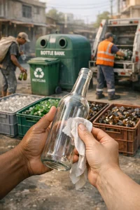 Close-up of a clear glass bottle held by diverse hands—one wiping a label—showing transparency and texture in warm daylight. Midground features neatly sorted crates of cullet by colour (clear, green, brown) beside a labelled kerbside recycling bin and bottle bank. Left, an informal waste collector with a shoulder sack picks up bottles; right, a municipal worker loads a collection truck. Subtle background hint of a small glass remelting furnace with glowing molten glass and an urban Global South streetscape. Shallow depth of field, realistic textures and balanced composition with negative space for a headline.