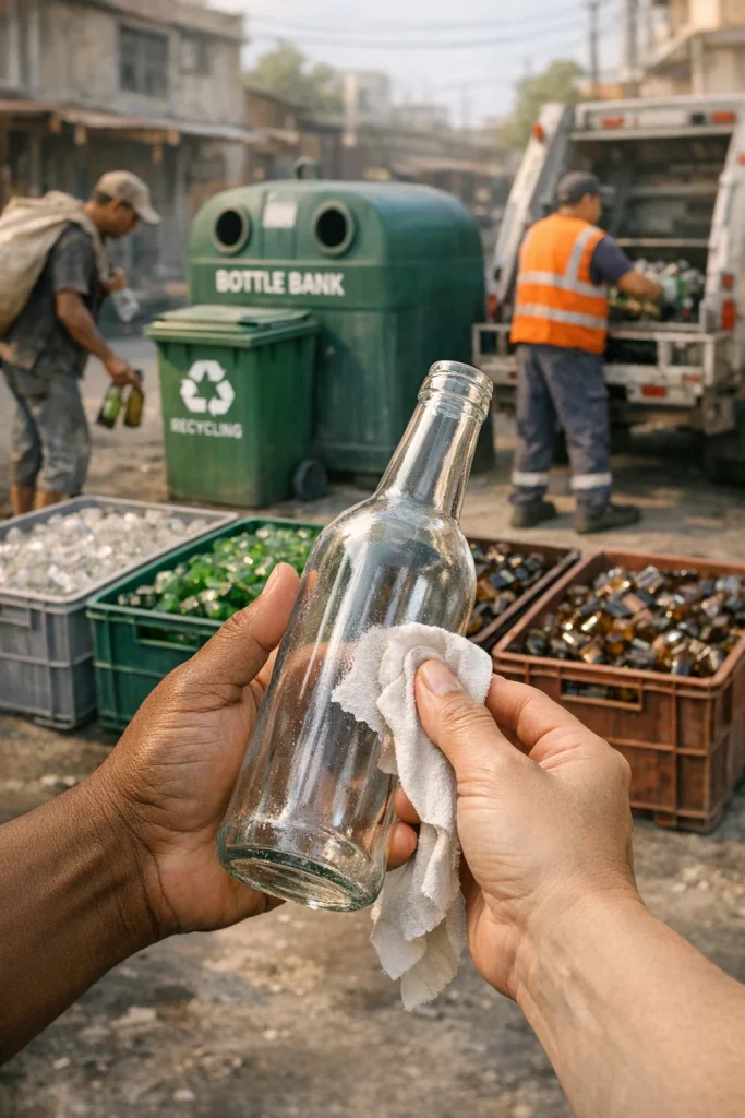 Close-up of a clear glass bottle held by diverse hands—one wiping a label—showing transparency and texture in warm daylight. Midground features neatly sorted crates of cullet by colour (clear, green, brown) beside a labelled kerbside recycling bin and bottle bank. Left, an informal waste collector with a shoulder sack picks up bottles; right, a municipal worker loads a collection truck. Subtle background hint of a small glass remelting furnace with glowing molten glass and an urban Global South streetscape. Shallow depth of field, realistic textures and balanced composition with negative space for a headline.