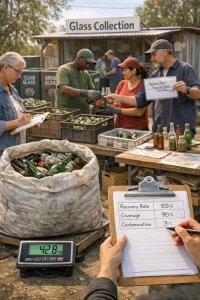 Photorealistic documentary-style scene centered on a heavy sack of mixed glass on a platform scale with a clear digital weight readout and a clipboard in crisp focus. A diverse small team in gloves — one person filling a simple data sheet with columns and percent numbers labeled Recovery rate, Coverage, Contamination; another inspecting bottles for non-glass contamination; a trainer pointing to a laminated sheet or tablet with simple formulas — work around midground labeled bring-banks, crates of sorted cullet, low-cost platform scales and sample bottles on a table with a hand-drawn map and a sample-weight cheat sheet. Background shows a modest buy-back stall with a Glass Collection sign and a few community members; natural daylight and warm practical tones, realistic textures and shallow depth of field give a candid, cooperative editorial feel suitable for an article cover.