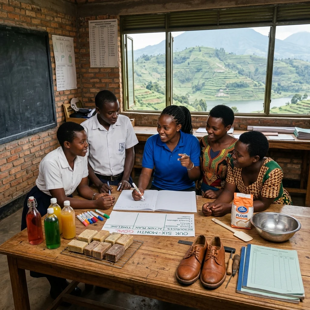 A photorealistic classroom workshop scene in rural Uganda where young learners collaborate on a six-month business plan, surrounded by practical symbols of local enterprise such as soap-making materials, baking tools, handmade shoes, and organized ledgers. Set against the terraced volcanic hills and green mountains of Kisoro, the image conveys teamwork, confidence, and community-driven ambition in a natural daylight setting.