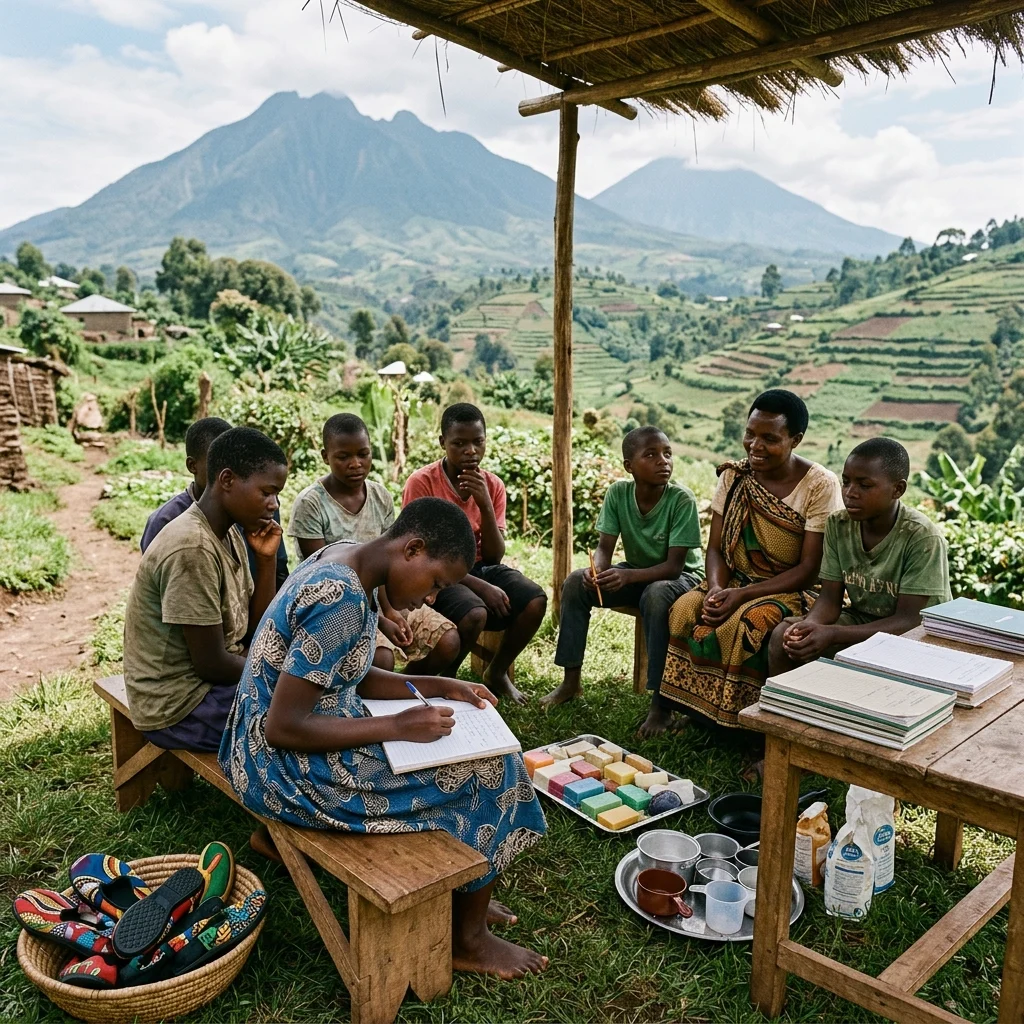 A documentary-style scene in Kisoro, Uganda, where a small group of young learners and a facilitator sit in a quiet reflective circle beneath natural light, surrounded by the sweeping Virunga volcanic landscape and terraced green hills. One student writes a personal letter while others imagine their future, with subtle vocational tools nearby suggesting paths in craft, soap making, baking, and bookkeeping. The atmosphere is hopeful, intimate, and deeply authentic.