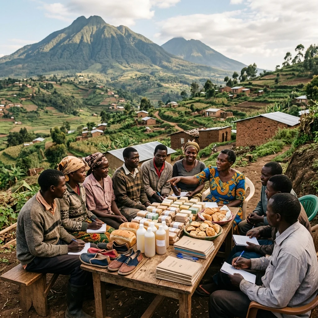 A photorealistic documentary-style scene in Kisoro, Uganda, where local learners and community members gather around a simple table on a terraced hillside to discuss community strengths and needs. Handmade soap, baked goods, craft shoes, and neatly bound exercise books are displayed in warm natural light, with volcanic mountains, lush green slopes, and village homes creating an authentic rural backdrop.