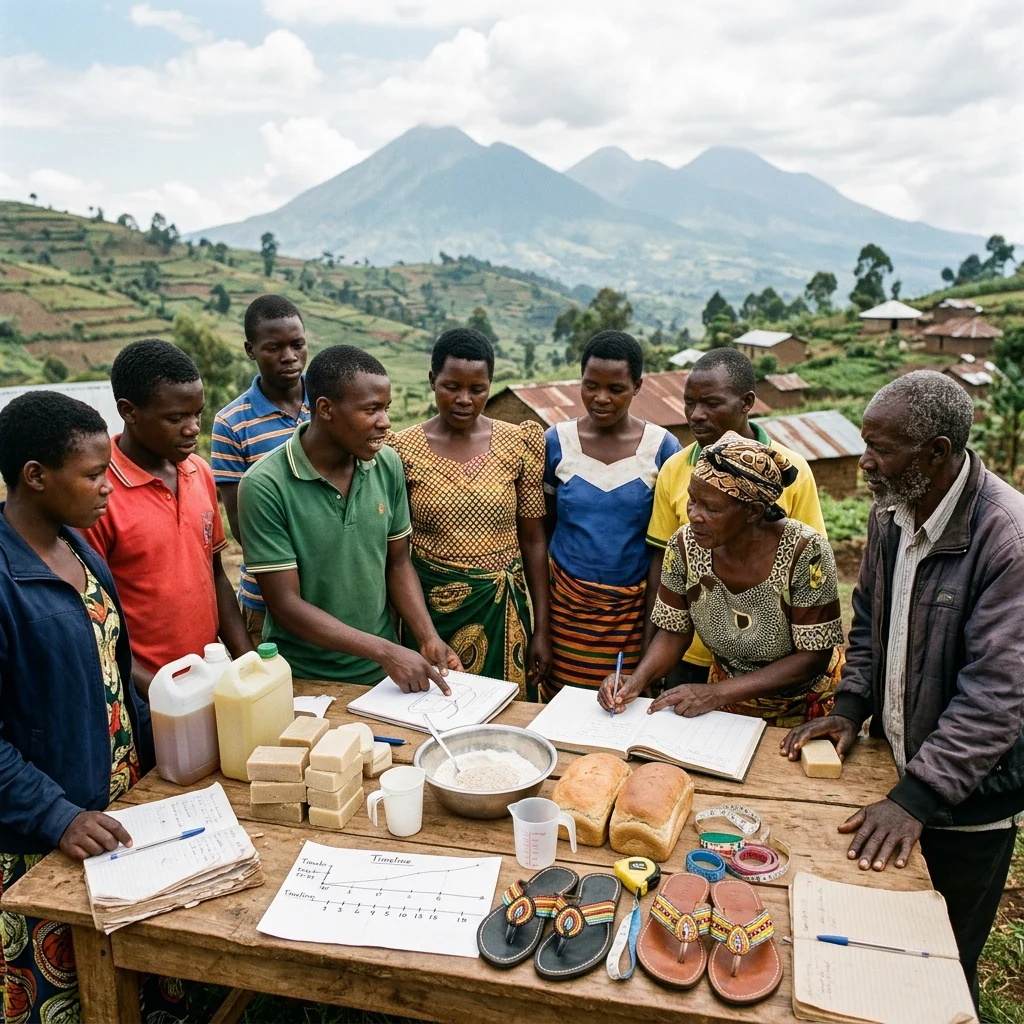 A photorealistic documentary-style scene of youth and adults in Kisoro, Uganda, gathered on a terraced hillside beneath volcanic mountains, surrounded by soap-making supplies, baking ingredients, craft shoes, notebooks, and business tools as they thoughtfully plan a six-month goal with hopeful focus and a strong sense of community empowerment.