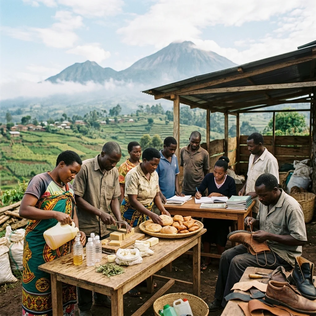 A photorealistic scene in Kisoro, Uganda, shows local learners and artisans working together on a hillside workshop beneath misty volcanic mountains and terraced green slopes. The group demonstrates practical income-generating skills, from pouring liquid soap and shaping bar soap to arranging fresh bread, sewing handmade shoes, and organizing ledgers at a wooden table. Bathed in natural daylight, the image captures an authentic community training atmosphere filled with hope, enterprise, and local resilience.