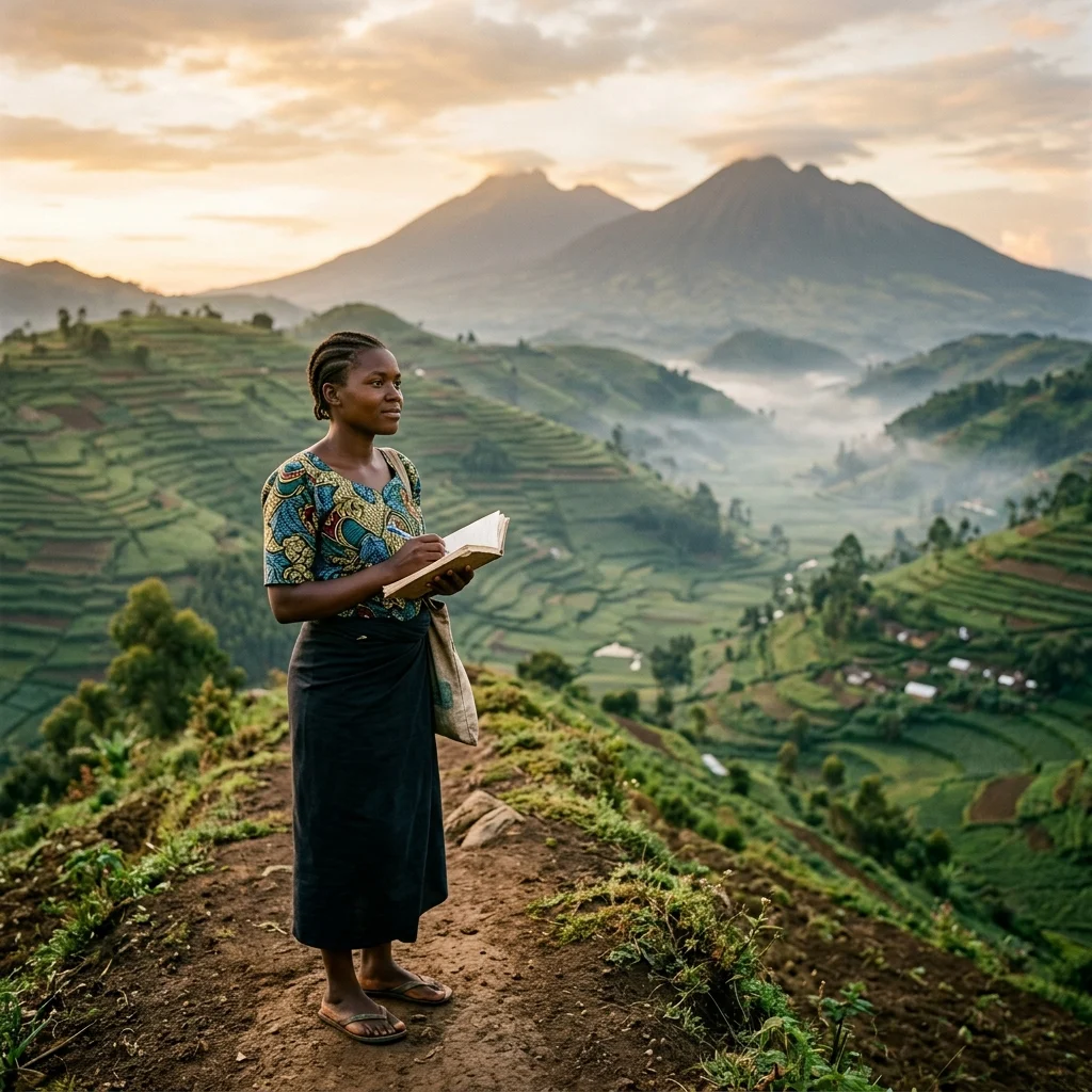 A young person stands on a Kisoro ridge at sunrise, notebook in hand, gazing over terraced hills, volcanic peaks, and mist-filled valleys with a hopeful, purposeful expression. The warm light and authentic local setting create a cinematic portrait of community, vision, and future aspirations.