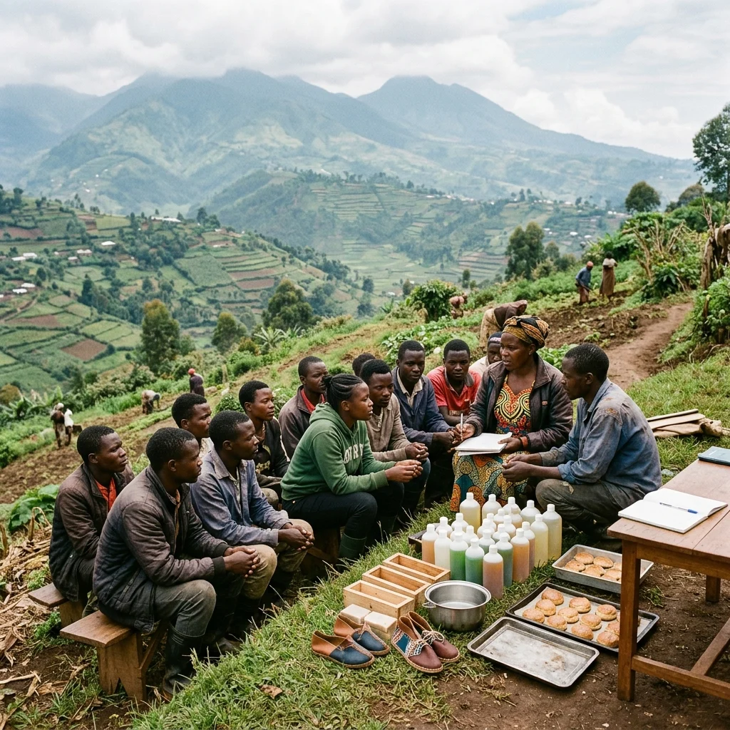 A photorealistic documentary-style scene in Kisoro, Uganda, where a diverse group of young adults and learners gather on a hillside above terraced farms and misty volcanic mountains. Surrounded by subtle tools of livelihood training—soap bottles, molds, baking trays, handmade shoes, and counterbooks—they share a focused moment of reflection, guidance, and ambition in a vibrant rural setting.