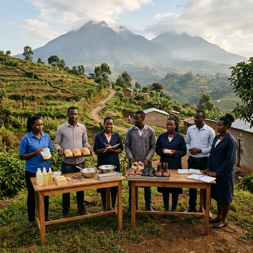 A photorealistic scene in Kisoro, Uganda, showing a diverse group of young adult vocational trainees standing confidently on a lush terraced hillside, with volcanic landscape and misty Virunga Mountains behind them. In a small community workshop, soap-making containers, baking trays, craft shoes, and ledger books suggest hands-on learning and entrepreneurship, while their neat dress, focused expressions, and respectful posture reflect pride, professionalism, and hope.