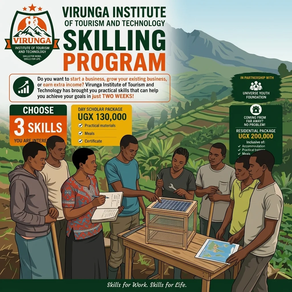 A photorealistic documentary-style scene of young adults and youth in Kisoro, Uganda, gathered on a terraced volcanic hillside beneath the Virunga Mountains. Surrounded by lush green terrain, they collaborate with tools, notebooks, and a small entrepreneurial setup, embodying confidence, purpose, and community-driven innovation in natural light.