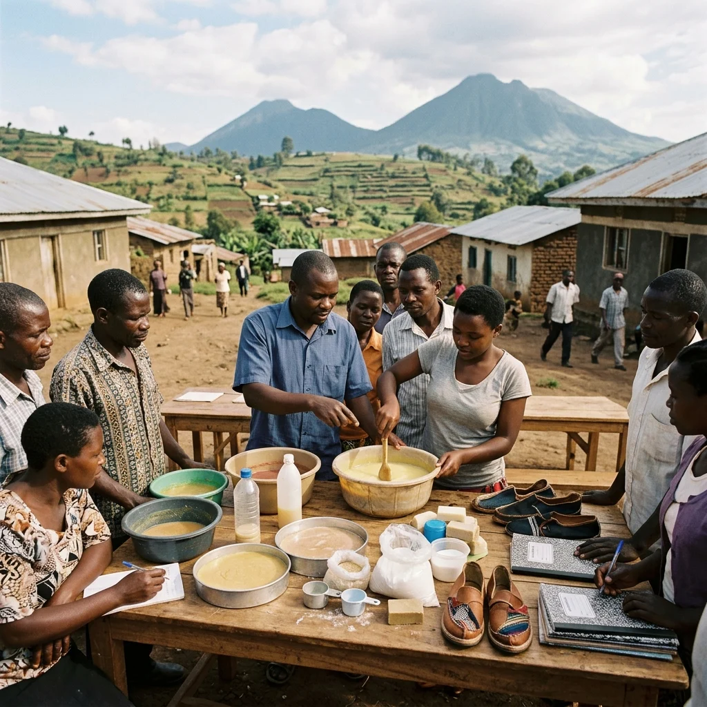 A warm documentary-style scene in Kisoro, Uganda, showing local learners gathered around practical workshop tables as a teacher guides them through soap making, baking, craft shoe production, and bookkeeping. Set beneath dramatic volcanic hills and terraced slopes, the image captures a spirit of self-reliance, opportunity, and local entrepreneurship in a vivid rural community setting.