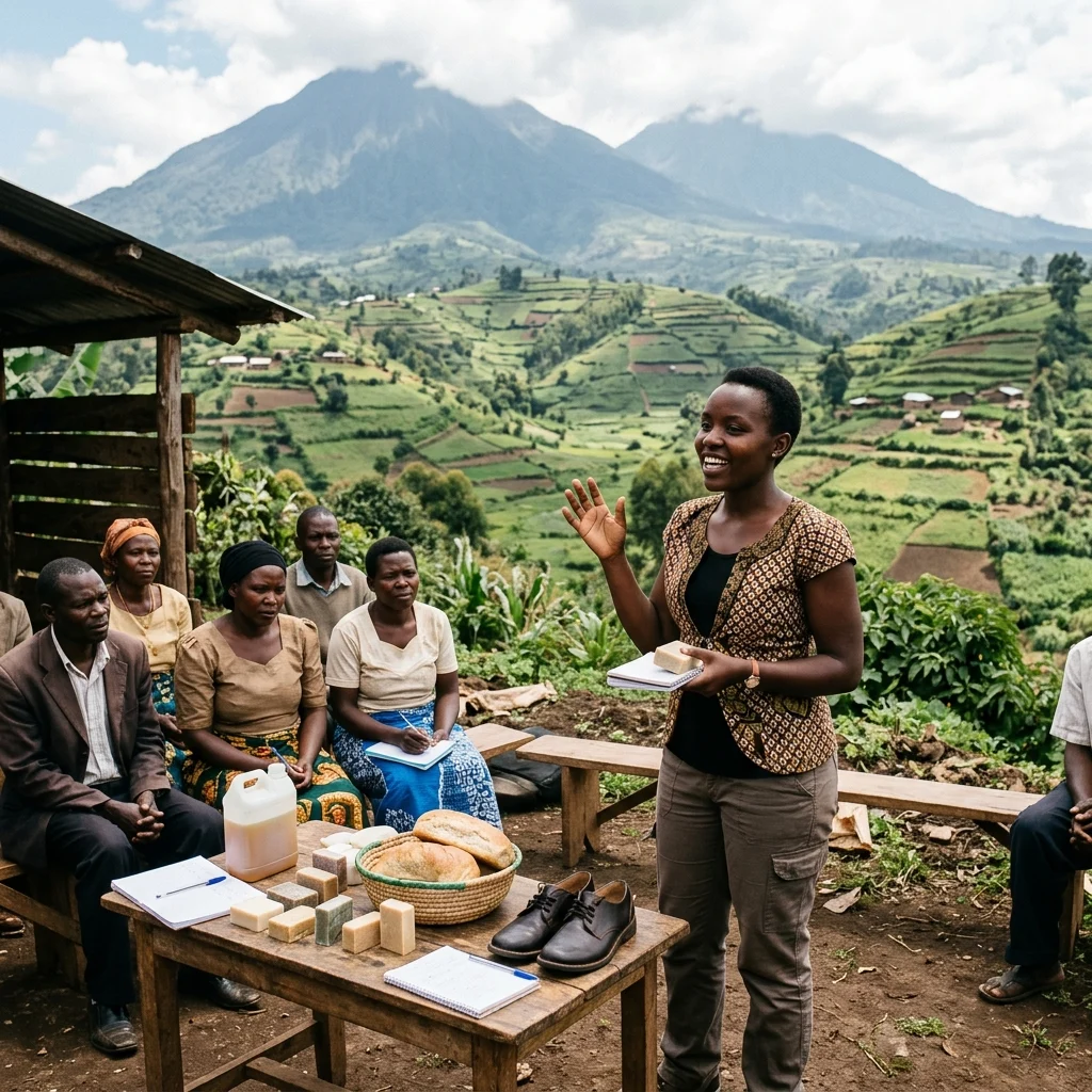 A photorealistic scene set against Kisoro’s dramatic volcanic highlands and terraced green hills, showing a confident young entrepreneur addressing a small community group in an informal training setting. Subtle vocational props like handmade soap, liquid soap containers, fresh bread, craft shoes, and notebooks suggest practical skills, self-confidence, and emerging opportunity in a natural East African rural environment.