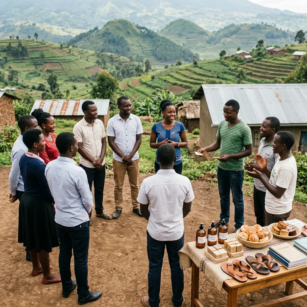 A photorealistic community workshop in Kisoro, Uganda, set against lush volcanic hills and terraced farmland, where young learners and artisans gather in a respectful networking circle. Natural light and documentary-style composition capture the warmth of local skills training, with handmade soaps, baked goods, craft shoes, and counterbooks subtly displayed on a simple table.