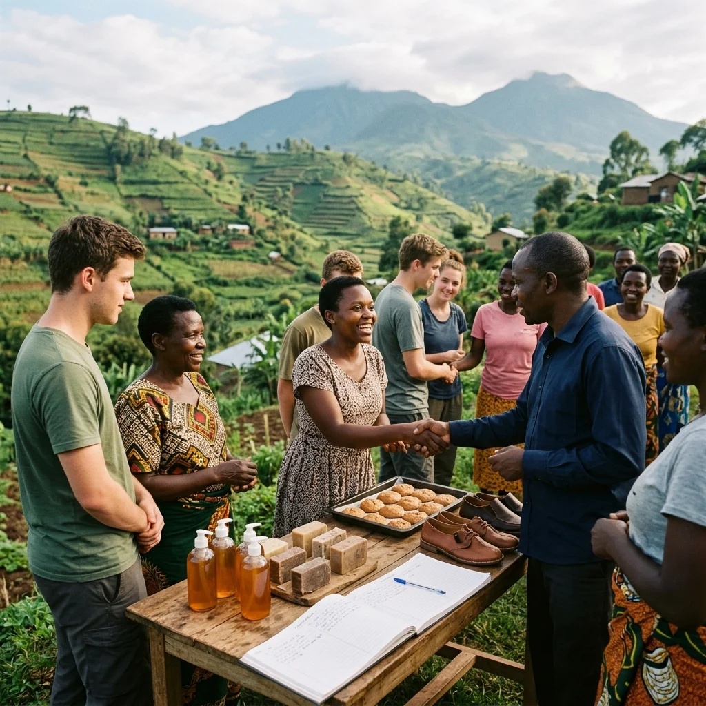 A documentary-style scene of youth, adults, a local trainer, and small business owners sharing warm greetings and conversation at an outdoor community workshop in Kisoro, Uganda, with volcanic hills and terraced landscapes glowing in soft morning light. Subtle vocational tools and products on the table hint at practical skills in soapmaking, baking, and craftsmanship, creating a respectful, hopeful atmosphere of learning, networking, and opportunity.