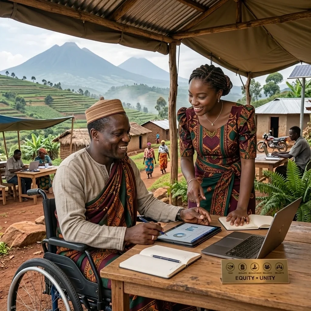 A photorealistic editorial scene of an African businesswoman in a modern corporate office respectfully assisting a disabled African man as a valued colleague. The atmosphere feels warm, professional, and inclusive, with natural lighting, realistic skin tones, and subtle visual cues of trust, integrity, accountability, and ethical business conduct.