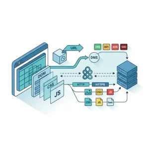 Geometric header showing a stylized browser window (left) and stacked server rack (right) joined by an arrowed ribbon labeled URL; a circular DNS node branches to the server, bidirectional dashed arrows mark the request/response cycle, a TLS handshake appears as an intertwined lock glyph between browser and server, protocol bars labeled HTTP/HTTPS, translucent DOM/CSS/JS panels cascading from the browser, colored status-code tiles along the path (200 green, 301 orange, 404 red, 500 dark red), a local cache box with a clock near the browser, small geometric icons for image/CSS/JS/font on secondary lines, limited blue/teal palette with yellow and red accents, thin white outlines and subtle long shadows, widescreen modern tech-infographic style suitable for an article header.