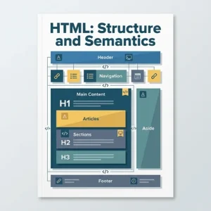 Geometric editorial cover showing a clean layered page skeleton of rectangles and squares arranged in a clear hierarchy (header, nav, main, aside, footer), connected by thin guiding lines and grids; stylized angle-bracket glyphs (), H1/H2 heading icons, link and screen-reader symbols rendered as simple geometric glyphs. Minimalist flat vector shapes in a muted palette of blues, teal, warm yellow and slate gray, high contrast, subtle shadows and generous negative space for a modern, accessible feel.