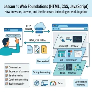 Clean flat-vector infographic for an article header showing a left-to-right pipeline: a user typing a web address into a browser window → labeled arrow “HTTP request” to a simple server/cloud icon → arrow back labeled “HTML, CSS, JS files” with three distinct file icons (HTML with tag, CSS with brush/swatches, JS with curly braces). On the right a browser-rendering scene uses a three-layer stack: bottom “HTML — Structure” (semantic tags, small HTML snippet, DOM tree diagram), middle “CSS — Presentation” (layout grid, color swatches, small stylesheet snippet), top “JavaScript — Behavior” (event/click icon, arrow updating DOM, small script snippet). Concise callouts and arrows label “Files received”, “Parsing & rendering”, and “DOM updated on events”. A sidebar checklist box with check icons lists: Clean markup · Separation of concerns · Sensible naming · Consistent formatting · Basic interactivity. Small icon row shows accessibility (wheel/ARIA), responsive design (phone+desktop), and performance (speedometer). Landscape layout, top header with concise subtitle “How browsers, servers, and the three web technologies work together”, modern bright blues and teals with orange accents, lots of white space, legible sans-serif labels, minimal shadows, vector pictograms, clear arrows and callouts suitable for an educational article infographic.