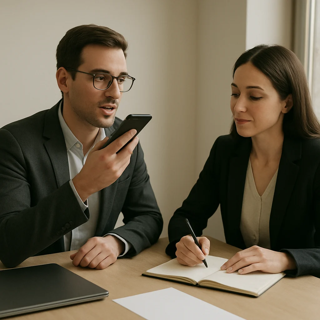 A quiet, modern moment of workplace communication: in a warm, softly lit office a professional speaks confidently into a smartphone while a colleague listens, nodding and jotting notes in an open notebook. A closed laptop and a blank resume-sized paper lie on the table; the scene is captured in a shallow depth of field with a muted palette and minimal props, creating a calm, focused composition.