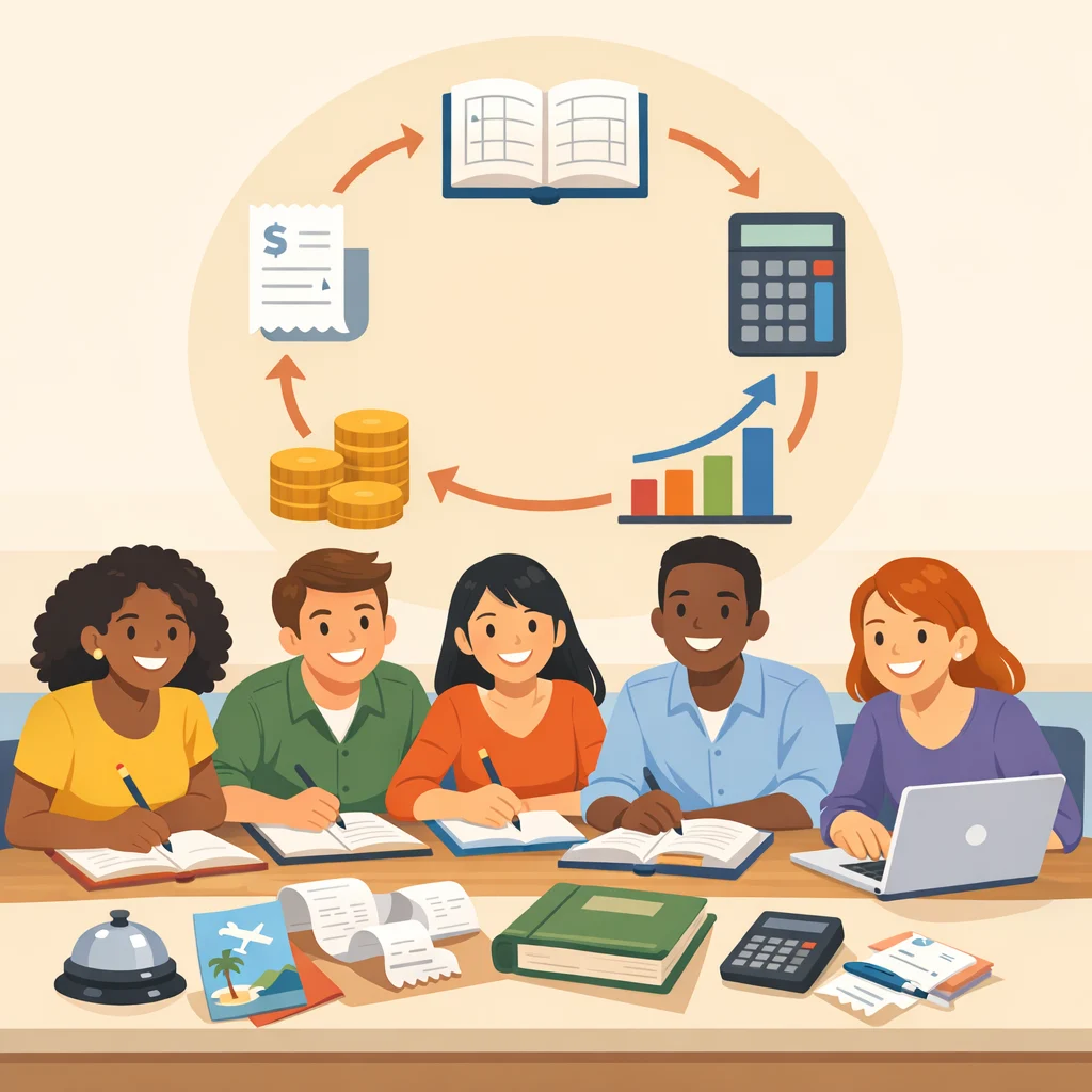 A bright modern classroom with a diverse, eager group of students leaning in, smiling and taking notes as they begin a Concepts of Bookkeeping course — open notebooks, simple calculators, laptops, receipts and a ledger on the table. Behind them a large circular infographic of clean flat icons connected by arrows illustrates the accounting cycle (receipt → ledger page → calculator → chart → stacked coins); subtle hospitality touches like a small hotel bell and a travel brochure with a tiny plane icon hint at tourism-focused bookkeeping. The scene uses a friendly color palette, clean lines and minimalist details for a balanced, inviting composition.